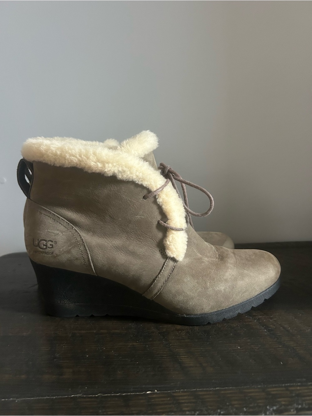 UGG Taupe Suede Wedge Ankle Boot with Cream Shearling